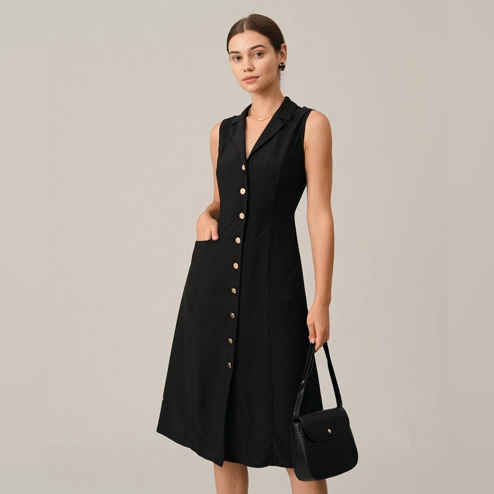 Rihoas Black V-Neck Tunic Midi Dress